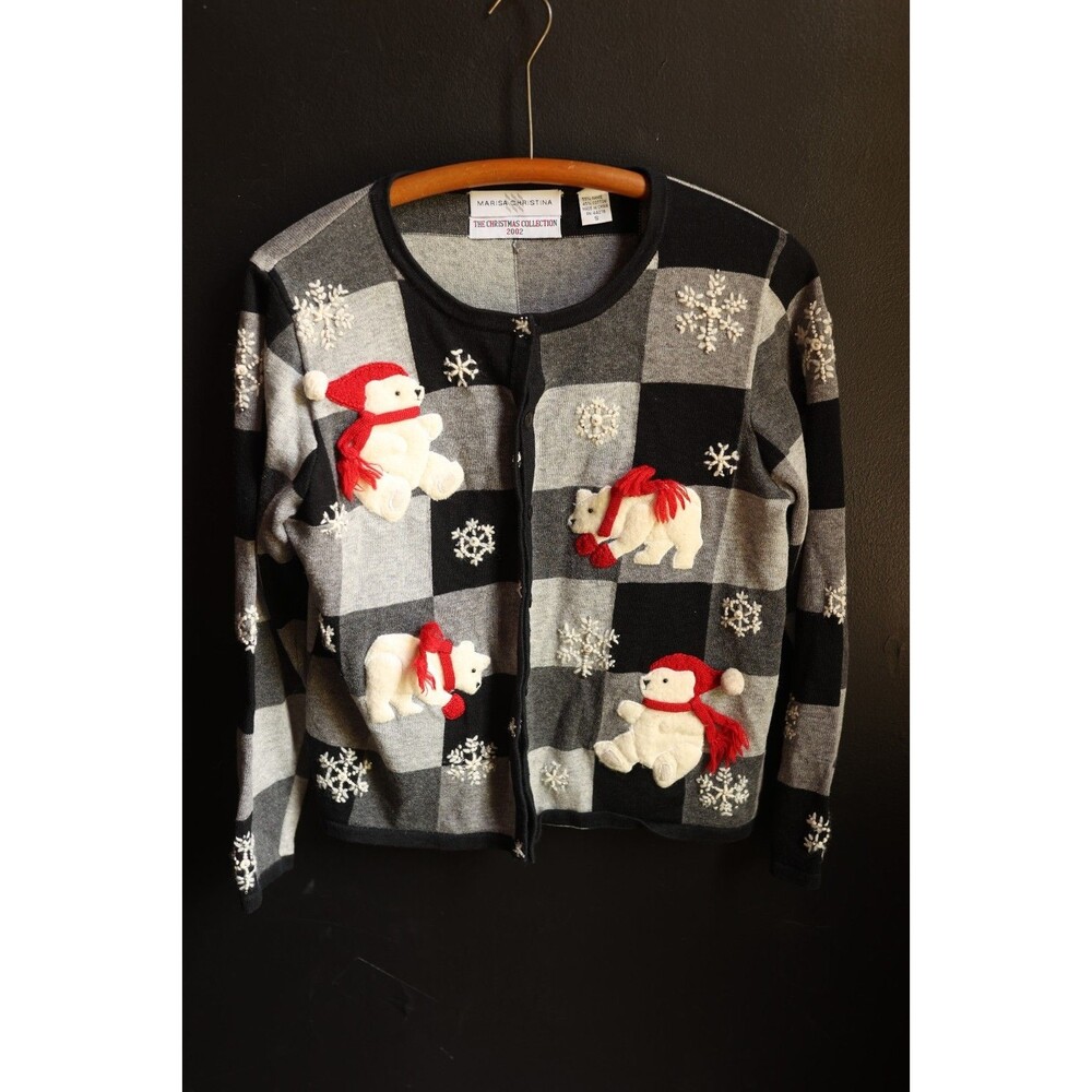 Vintage Marisa Christina Christmas Button Sweater Polar Bears Snowflake Beaded S